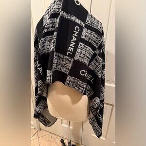 CHANEL Large Monochrome Graphic Scarf Silk Wool Blend GWP
